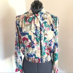 Vintage Pussy Bow Shirt Abstract Colorful Wild Floral Secretary Blouse Tie Neck
